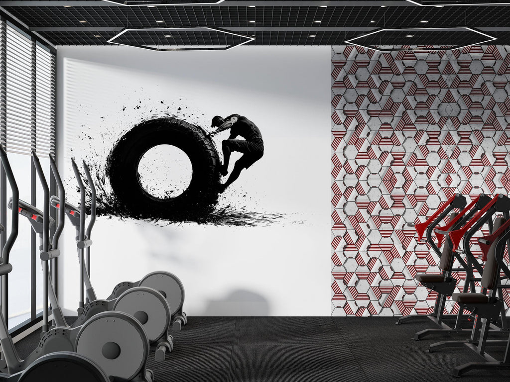 Tire Flip Wall Mural, Gym Wallpaper, Athlete Fitness Wall Decal, Home Gym Decor, Bootcamp Workout Room Art, 620mv