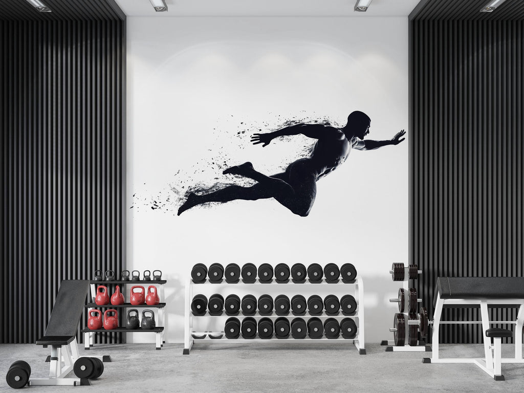 Flying Athlete Wall Mural, Gym Wallpaper, Black Fitness Silhouette Wall Decal, Home Gym Decor, Workout Room Art, 625mv