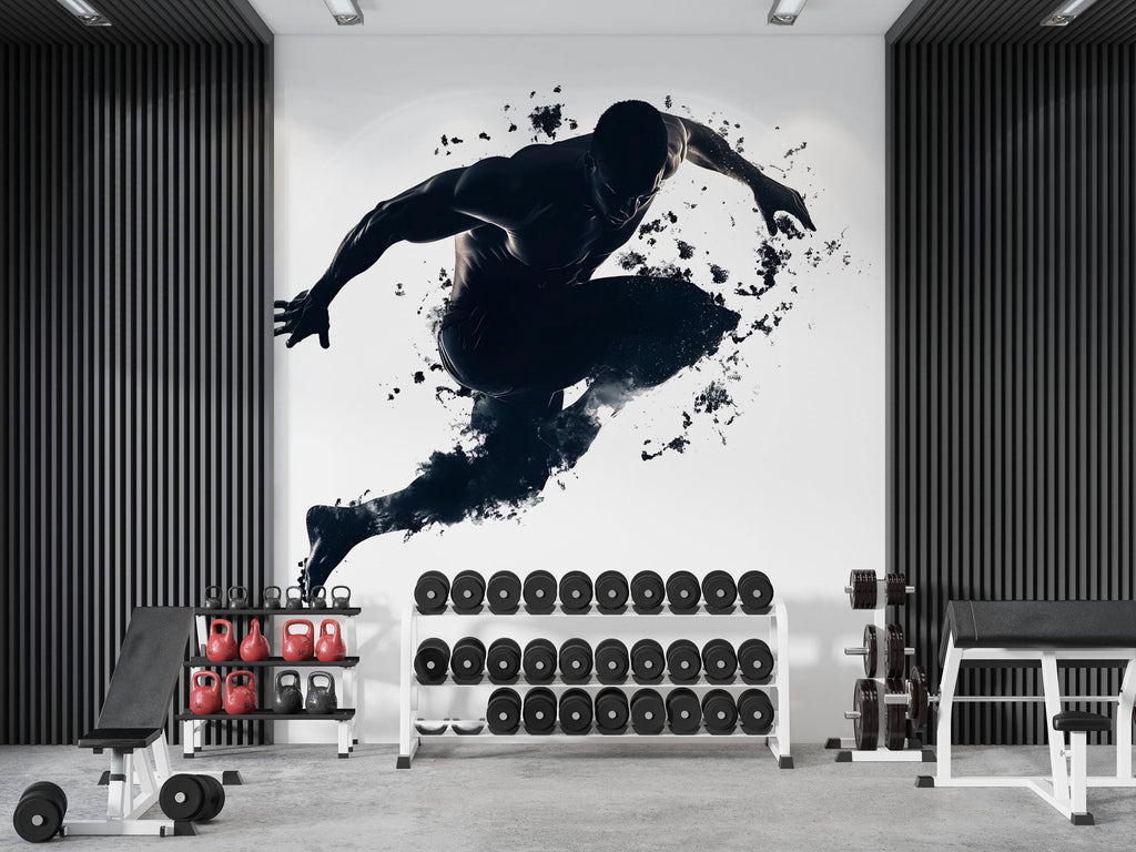 Dynamic Athlete Wall Mural, Gym Wallpaper, Black Fitness Silhouette Wall Decal, Home Gym Decor, Workout Room Art, 627mv