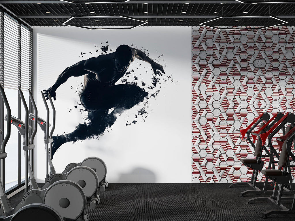 Dynamic Athlete Wall Mural, Gym Wallpaper, Black Fitness Silhouette Wall Decal, Home Gym Decor, Workout Room Art, 627mv