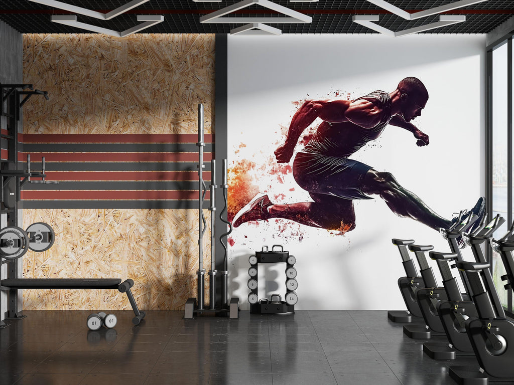 Jumping Athlete Wall Mural, Gym Wallpaper, Orange Fitness Wall Decal, Home Gym Decor, Workout Room Art, 628mv