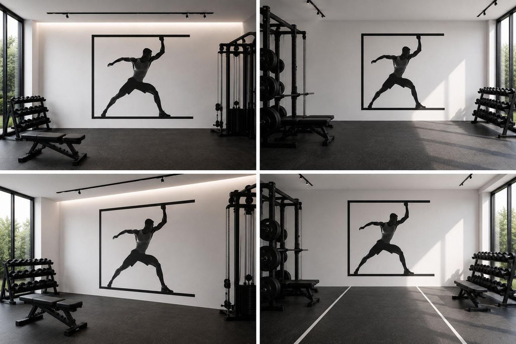 Framed Athlete Wall Mural, Gym Wallpaper, Black Fitness Silhouette Wall Decal, Home Gym Decor, Workout Room Art, 629mv