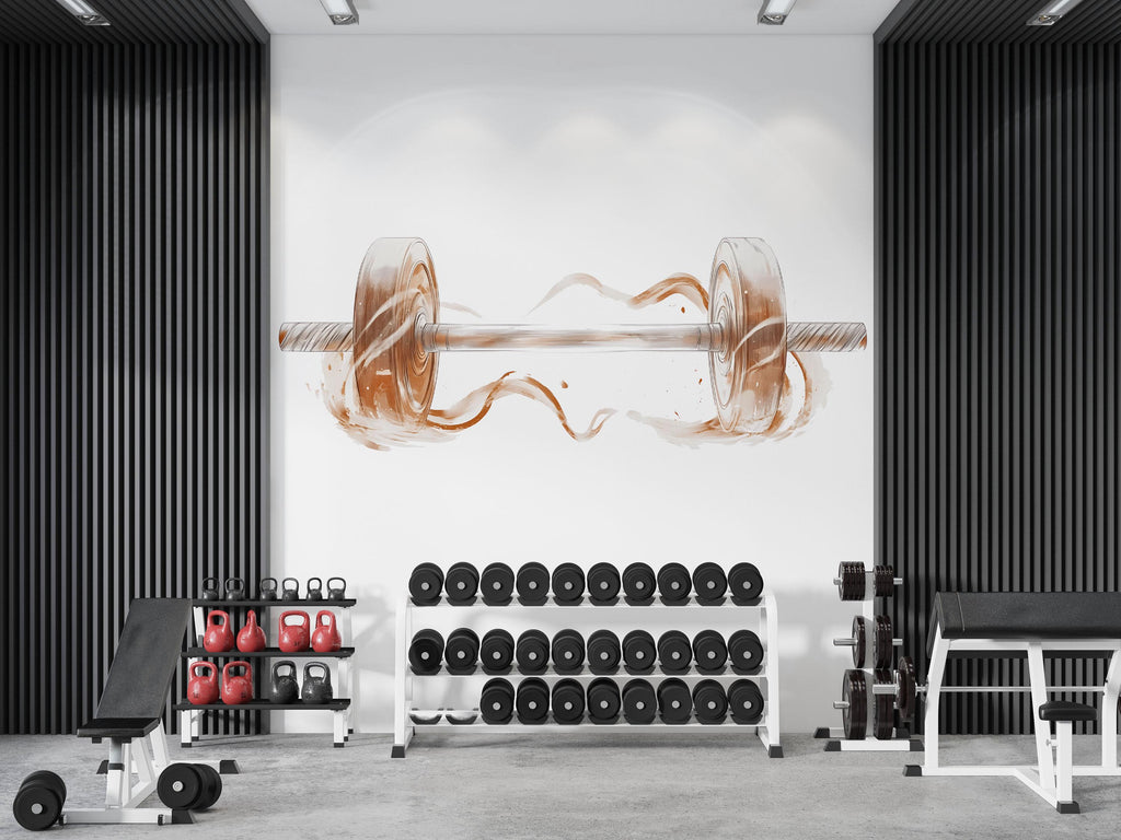 Copper Barbell Wall Mural, Gym Wallpaper, Weightlifting Wall Decal, Home Gym Decor, Fitness Studio Workout Art, 633mv