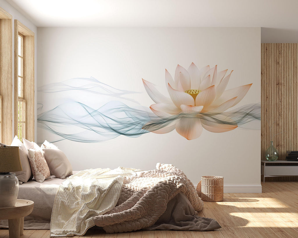 Lotus Flower Wall Mural, Blue Smoke Yoga Wallpaper, Zen Wellness Studio Decor, Spa Room Wall Decal, Meditation Art, 638mv