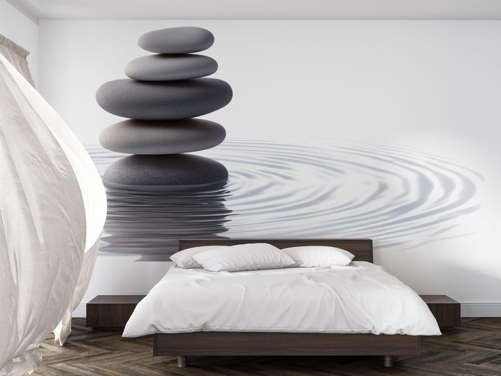 Zen Stones Wall Mural, Spa Pebble Wallpaper, Water Ripple Wall Decor, Meditation Room Decal, Relaxing Bedroom Art, 639mv