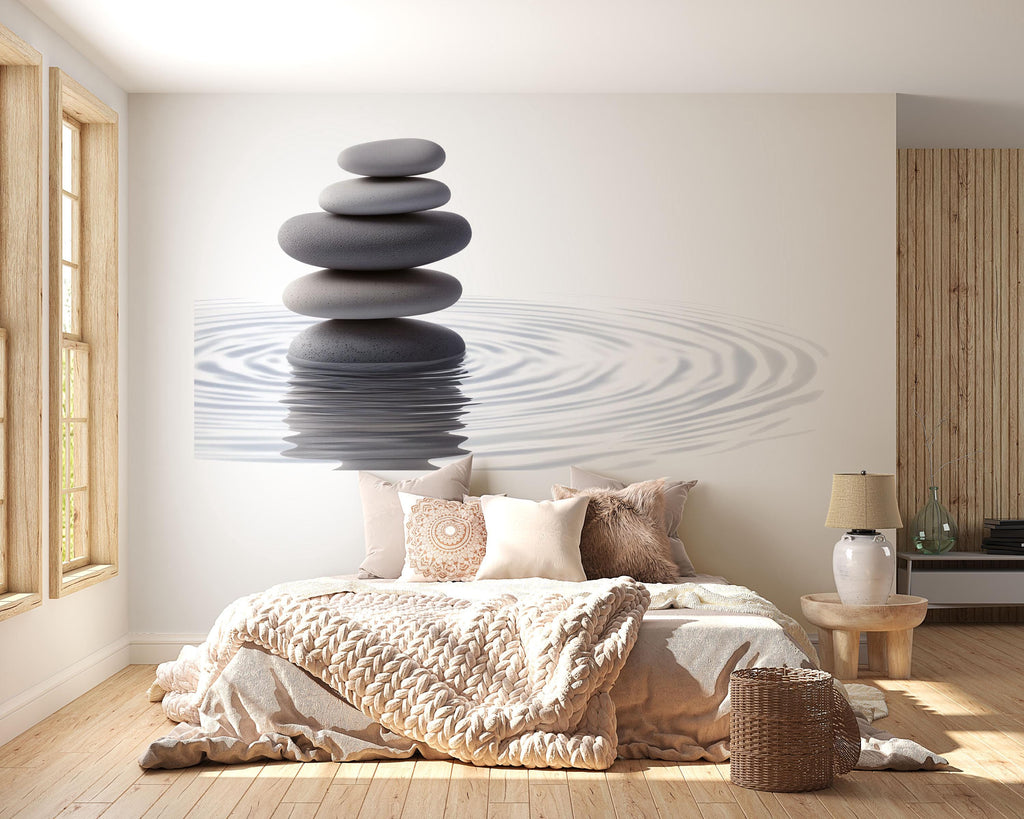 Zen Stones Wall Mural, Spa Pebble Wallpaper, Water Ripple Wall Decor, Meditation Room Decal, Relaxing Bedroom Art, 639mv
