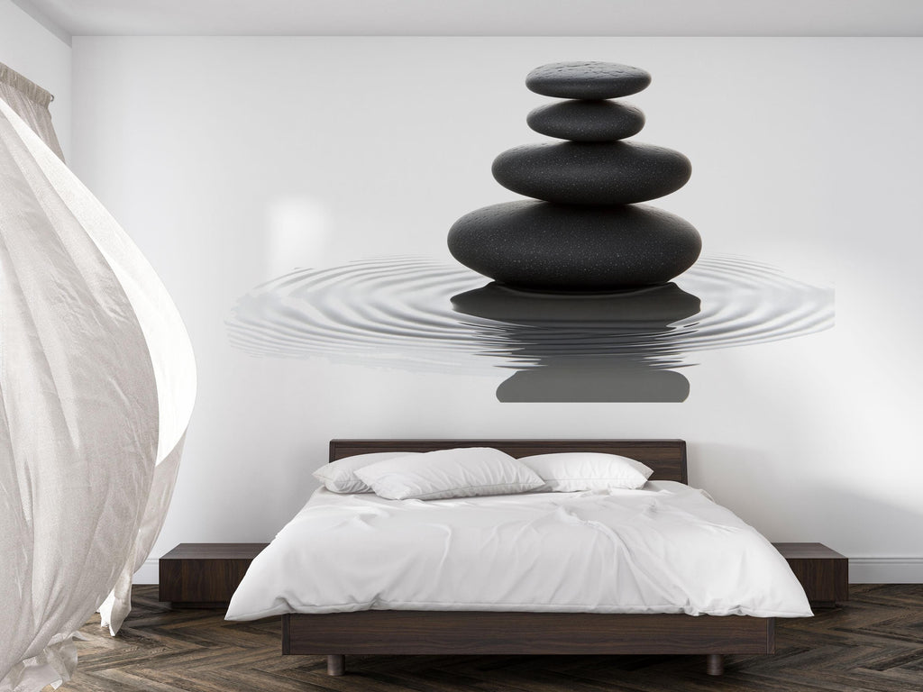 Zen Stones Wall Mural, Black Pebble Wallpaper, Water Ripple Wall Decor, Spa Bedroom Decal, Meditation Room Art, 640mv