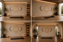 Load image into Gallery viewer, Celestial Sun Moon Wall Mural, Gold Yoga Studio Wallpaper, Boho Wellness Wall Decal, Spa Room Decor, Meditation Art, 643mv