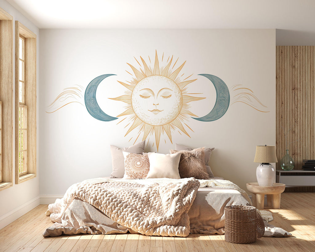 Celestial Sun Moon Wall Mural, Gold Yoga Studio Wallpaper, Boho Wellness Wall Decal, Spa Room Decor, Meditation Art, 643mv