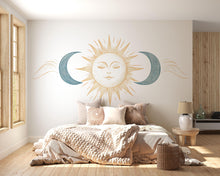 Load image into Gallery viewer, Celestial Sun Moon Wall Mural, Gold Yoga Studio Wallpaper, Boho Wellness Wall Decal, Spa Room Decor, Meditation Art, 643mv