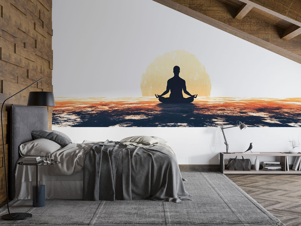 Sunrise Meditation Wall Mural, Yoga Studio Wallpaper, Zen Spa Wall Decal, Wellness Room Decor, Golden Sun Wall Art, 649mv