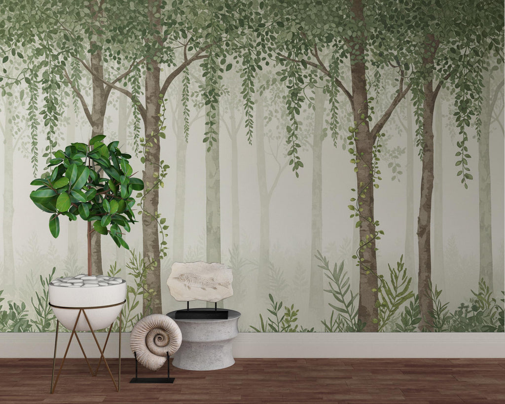Hanging leaf Watercolor Forest Wallpaper Mural, Misty Wall Mural, Green Tree Peel and Stick Wallpaper, Nature Nursery Wallpaper Decor 1127RS