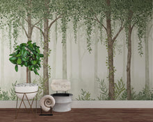 Load image into Gallery viewer, Hanging leaf Watercolor Forest Wallpaper Mural, Misty Wall Mural, Green Tree Peel and Stick Wallpaper, Nature Nursery Wallpaper Decor 1127RS