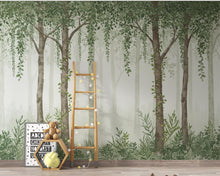 Load image into Gallery viewer, Hanging leaf Watercolor Forest Wallpaper Mural, Misty Wall Mural, Green Tree Peel and Stick Wallpaper, Nature Nursery Wallpaper Decor 1127RS
