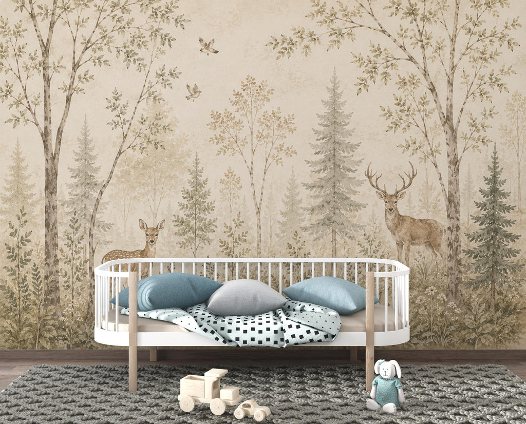 Vintage Woodland Nursery Wallpaper, Neutral Forest Animals Wall Art, Deer Baby Room Decor, Peel and Stick Wallpaper, Beige Nature Wall 838LU