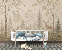 Load image into Gallery viewer, Vintage Woodland Nursery Wallpaper, Neutral Forest Animals Wall Art, Deer Baby Room Decor, Peel and Stick Wallpaper, Beige Nature Wall 838LU