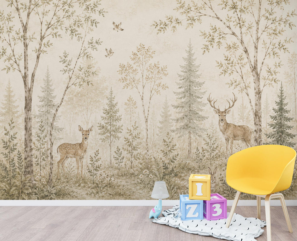 Vintage Woodland Nursery Wallpaper, Neutral Forest Animals Wall Art, Deer Baby Room Decor, Peel and Stick Wallpaper, Beige Nature Wall 838LU