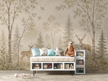 Load image into Gallery viewer, Vintage Woodland Nursery Wallpaper, Neutral Forest Animals Wall Art, Deer Baby Room Decor, Peel and Stick Wallpaper, Beige Nature Wall 838LU