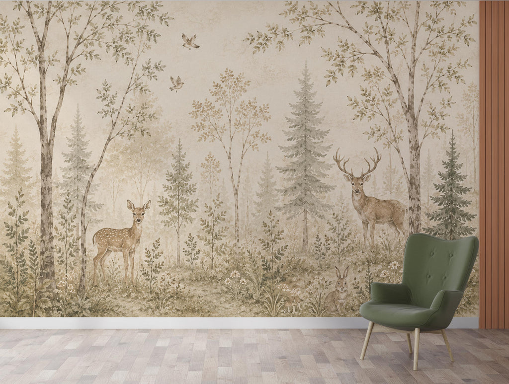 Vintage Woodland Nursery Wallpaper, Neutral Forest Animals Wall Art, Deer Baby Room Decor, Peel and Stick Wallpaper, Beige Nature Wall 838LU