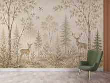 Load image into Gallery viewer, Vintage Woodland Nursery Wallpaper, Neutral Forest Animals Wall Art, Deer Baby Room Decor, Peel and Stick Wallpaper, Beige Nature Wall 838LU
