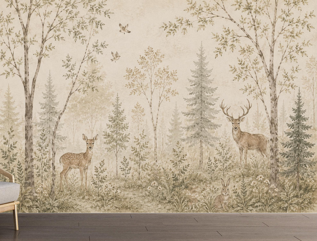 Vintage Woodland Nursery Wallpaper, Neutral Forest Animals Wall Art, Deer Baby Room Decor, Peel and Stick Wallpaper, Beige Nature Wall 838LU