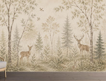 Load image into Gallery viewer, Vintage Woodland Nursery Wallpaper, Neutral Forest Animals Wall Art, Deer Baby Room Decor, Peel and Stick Wallpaper, Beige Nature Wall 838LU