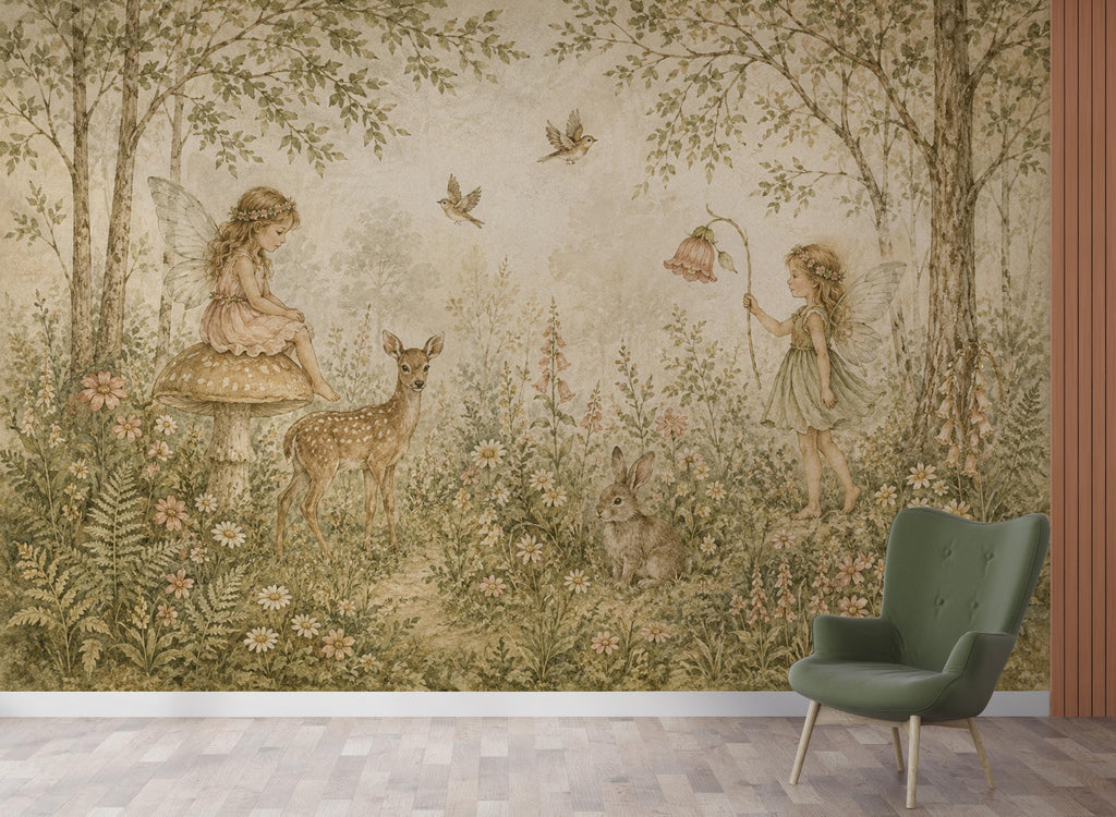Fairy Woodland Nursery Wallpaper Mural, Vintage Storybook Wall Art, Neutral Floral Forest & Deer, Girls Room Peel and Stick Wallpaper 839LU