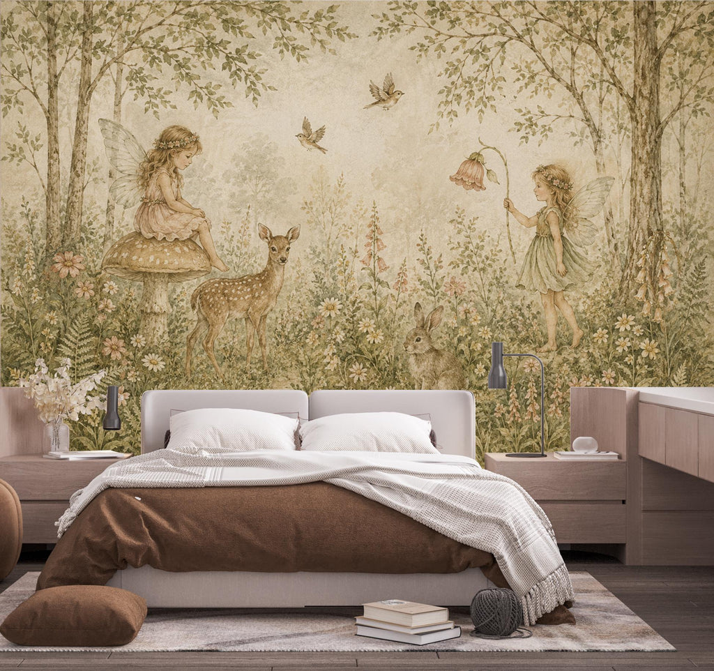Fairy Woodland Nursery Wallpaper Mural, Vintage Storybook Wall Art, Neutral Floral Forest & Deer, Girls Room Peel and Stick Wallpaper 839LU