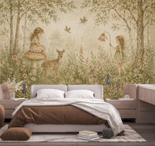 Load image into Gallery viewer, Fairy Woodland Nursery Wallpaper Mural, Vintage Storybook Wall Art, Neutral Floral Forest &amp; Deer, Girls Room Peel and Stick Wallpaper 839LU