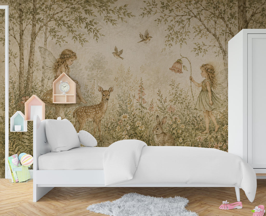 Fairy Woodland Nursery Wallpaper Mural, Vintage Storybook Wall Art, Neutral Floral Forest & Deer, Girls Room Peel and Stick Wallpaper 839LU