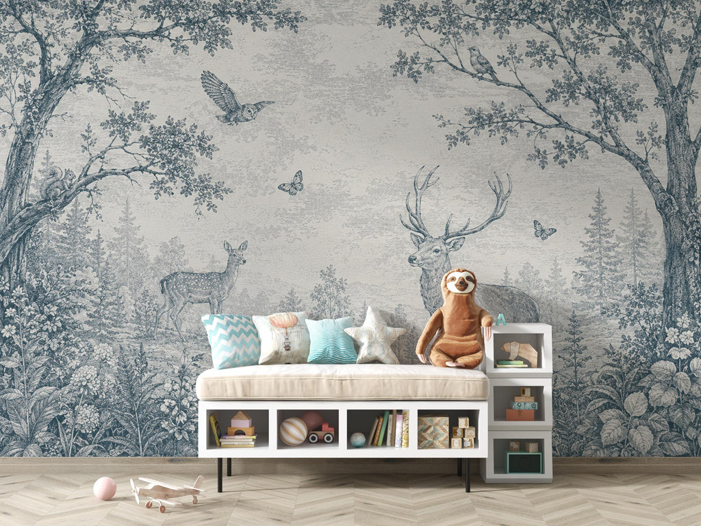 Blue Toile Woodland Wallpaper Mural, Vintage Forest Animal Wall Art, Deer & Rabbit Nursery Decor, French Country Mural, Peel and Stick 840LU