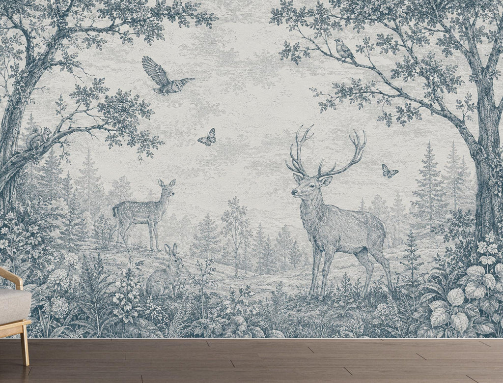 Blue Toile Woodland Wallpaper Mural, Vintage Forest Animal Wall Art, Deer & Rabbit Nursery Decor, French Country Mural, Peel and Stick 840LU