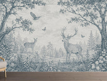 Load image into Gallery viewer, Blue Toile Woodland Wallpaper Mural, Vintage Forest Animal Wall Art, Deer &amp; Rabbit Nursery Decor, French Country Mural, Peel and Stick 840LU