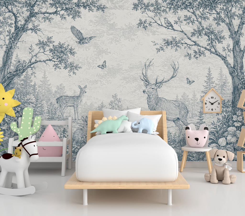 Blue Toile Woodland Wallpaper Mural, Vintage Forest Animal Wall Art, Deer & Rabbit Nursery Decor, French Country Mural, Peel and Stick 840LU