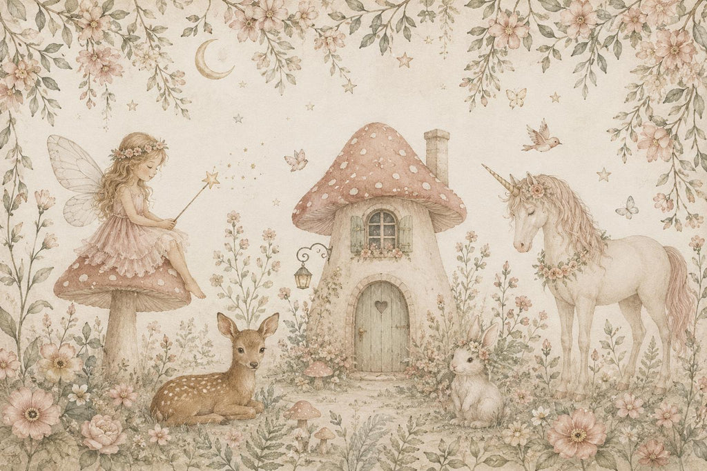 Fairy Cottage Wallpaper Mural, Whimsical Nursery Wall Art, Vintage Floral Unicorn & Deer, Storybook Girls Room Decor, Peel and Stick 841LU