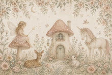 Load image into Gallery viewer, Fairy Cottage Wallpaper Mural, Whimsical Nursery Wall Art, Vintage Floral Unicorn &amp; Deer, Storybook Girls Room Decor, Peel and Stick 841LU