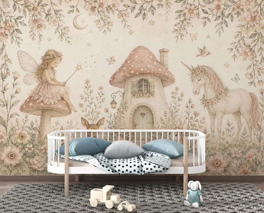 Fairy Cottage Wallpaper Mural, Whimsical Nursery Wall Art, Vintage Floral Unicorn & Deer, Storybook Girls Room Decor, Peel and Stick 841LU