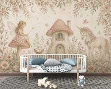 Load image into Gallery viewer, Fairy Cottage Wallpaper Mural, Whimsical Nursery Wall Art, Vintage Floral Unicorn &amp; Deer, Storybook Girls Room Decor, Peel and Stick 841LU