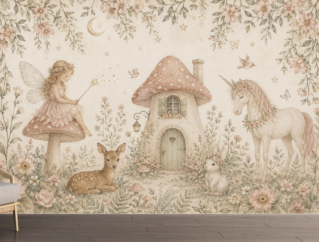 Fairy Cottage Wallpaper Mural, Whimsical Nursery Wall Art, Vintage Floral Unicorn & Deer, Storybook Girls Room Decor, Peel and Stick 841LU