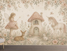 Load image into Gallery viewer, Fairy Cottage Wallpaper Mural, Whimsical Nursery Wall Art, Vintage Floral Unicorn &amp; Deer, Storybook Girls Room Decor, Peel and Stick 841LU