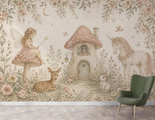 Load image into Gallery viewer, Fairy Cottage Wallpaper Mural, Whimsical Nursery Wall Art, Vintage Floral Unicorn &amp; Deer, Storybook Girls Room Decor, Peel and Stick 841LU