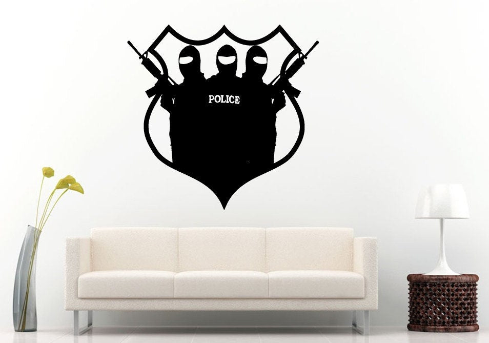 Protect And Serve Police Swat Team Shield Logo With Guns Wall Decal Vinyl Sticker Mural Room Decor L882