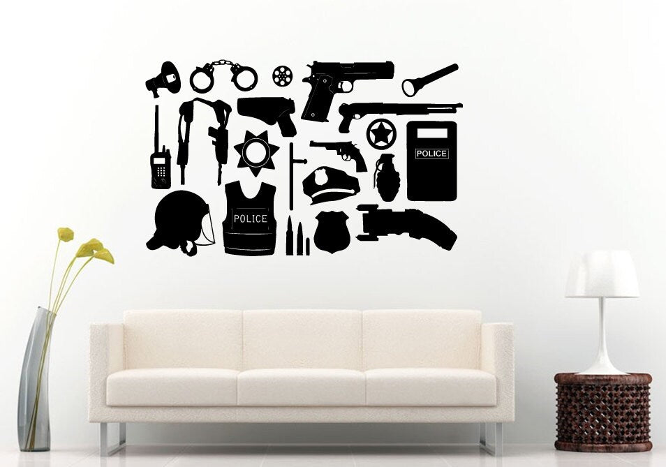 Police Inventory Stuff Equipment Set Guns Helmet Shield Handcuffs Badge Flashlight Hat Wall Decal Vinyl Sticker Mural Room Decor L883