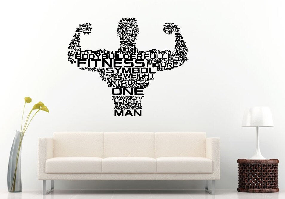Bodybuilder Full Fitness Man Guy Dude Words Citation Saying Typography Train Gym Lift Wall Decal Vinyl Sticker Mural Room Decor L888