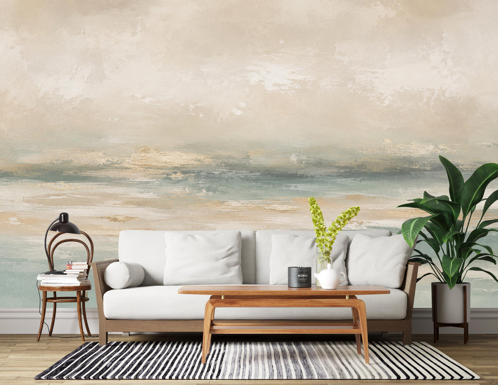 Abstract Coastal Wallpaper Mural | Modern Ocean Horizon Wall Mural | Neutral Textured Beach Wallpaper Decor | Peel and Stick 860LU