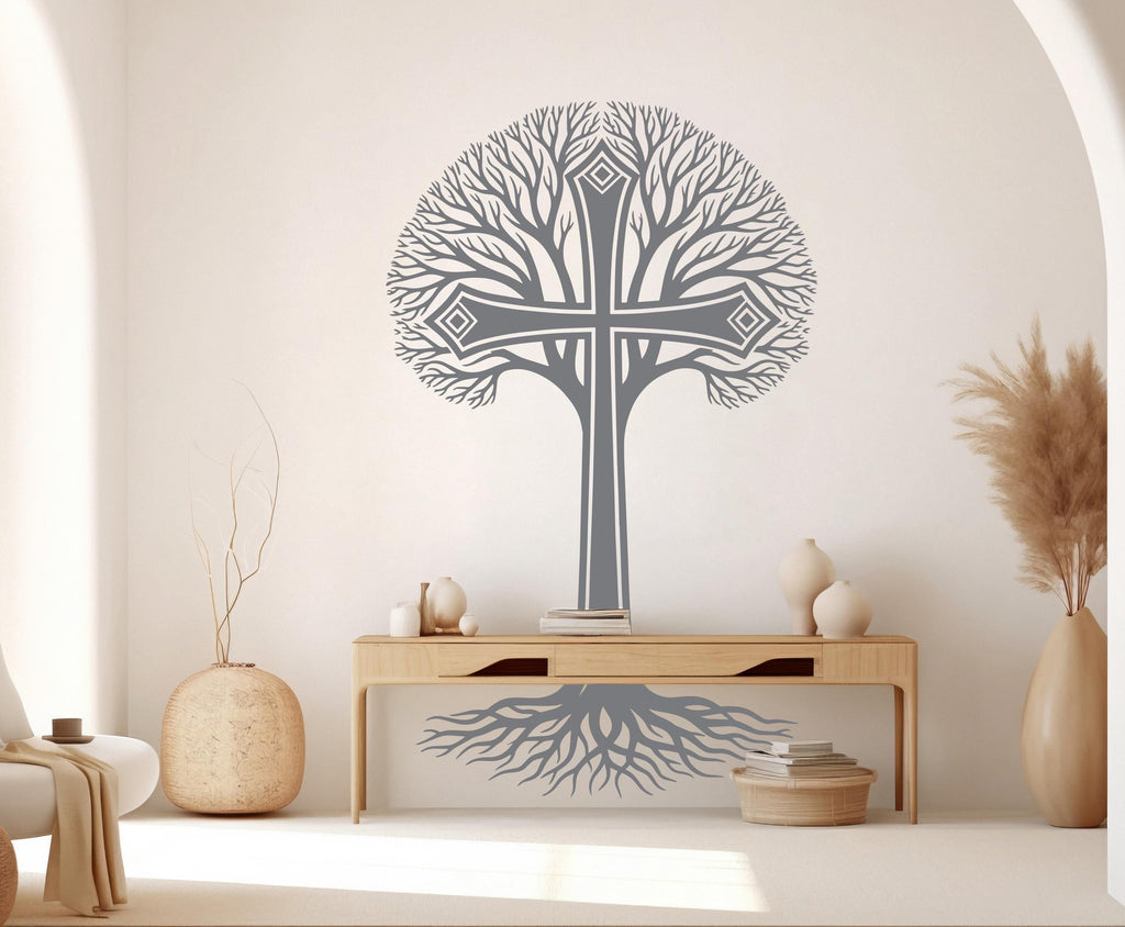 Jesus Cross Vinyl Wall Decal, Tree of life Christian Decor Tree stickers 1128RS