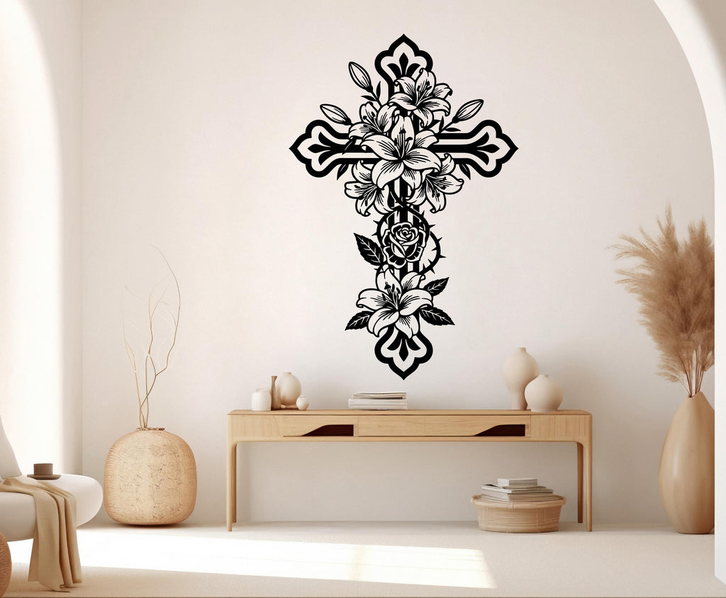 Jesus Cross Vinyl Wall Decal Floral Cross Decor, Christian Decor Rose stickers 1129RS