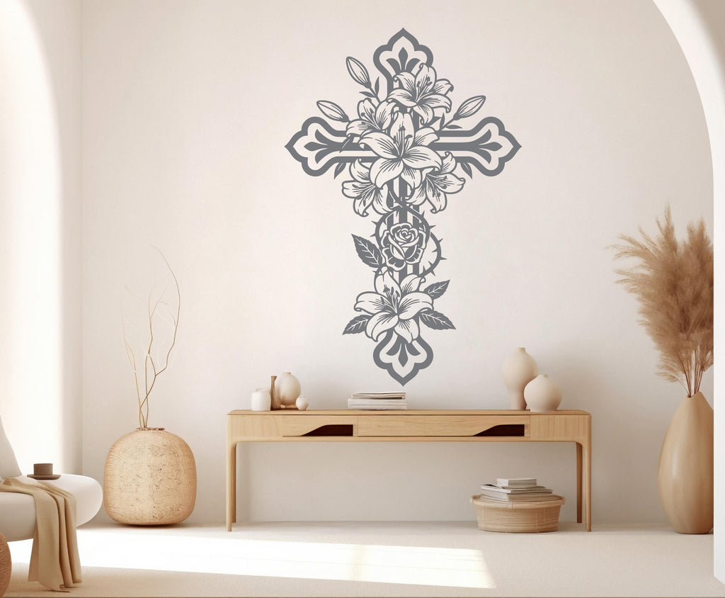 Jesus Cross Vinyl Wall Decal Floral Cross Decor, Christian Decor Rose stickers 1129RS