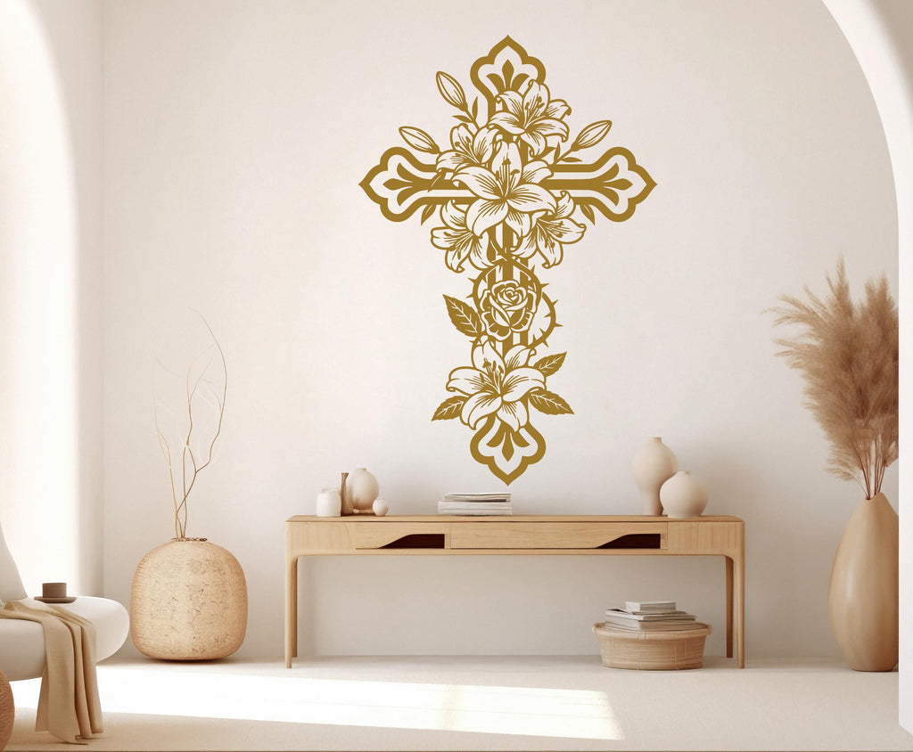 Jesus Cross Vinyl Wall Decal Floral Cross Decor, Christian Decor Rose stickers 1129RS