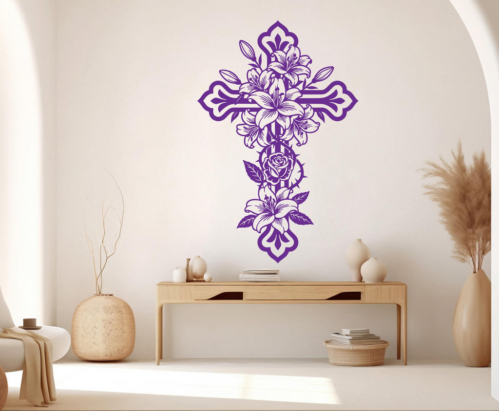 Jesus Cross Vinyl Wall Decal Floral Cross Decor, Christian Decor Rose stickers 1129RS